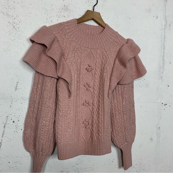 Vici Blush Pink Ruffle Shoulder Chunky Knit Sweater Size Medium - Picture 2 of 9